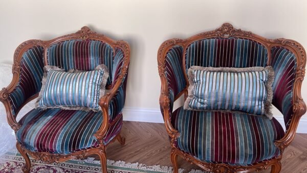 Elegant Pair of Antique Victorian Parlor Chairs with Striped Velvet - Image 2